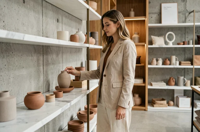 Femme élégante explorant des tendances lifestyle dans une boutique contemporaine à Paris avec décoration minimaliste