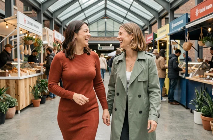 Deux femmes élégantes découvrant les dernières tendances lifestyle dans un marché artisanal moderne