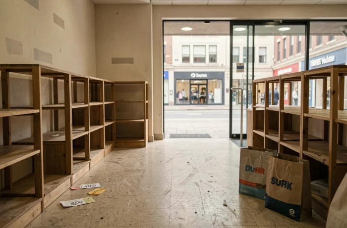 Boutique Christine Laure en cours de fermeture définitive avec rayonnages vides et enseignes retirées dans un centre commercial