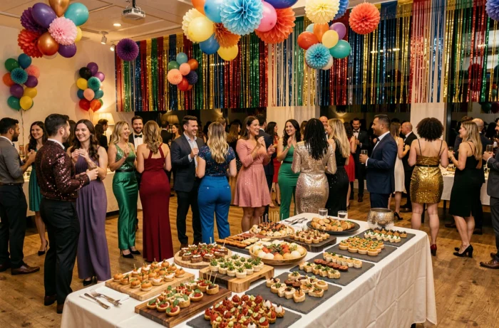 Fête d'anniversaire animée en salle avec décoration festive colorée, buffet gourmand et invités dansant dans un espace événementiel