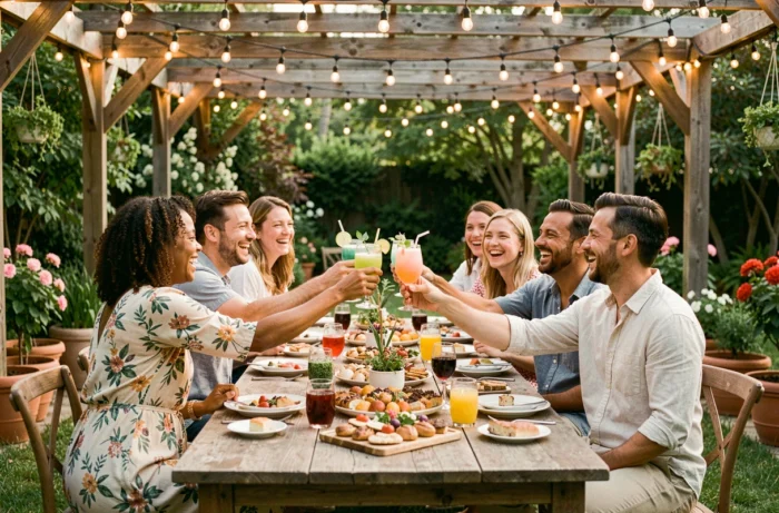 Groupe d'amis adultes portant un toast lors d'une fête en plein air décorée avec des guirlandes lumineuses et une table festive
