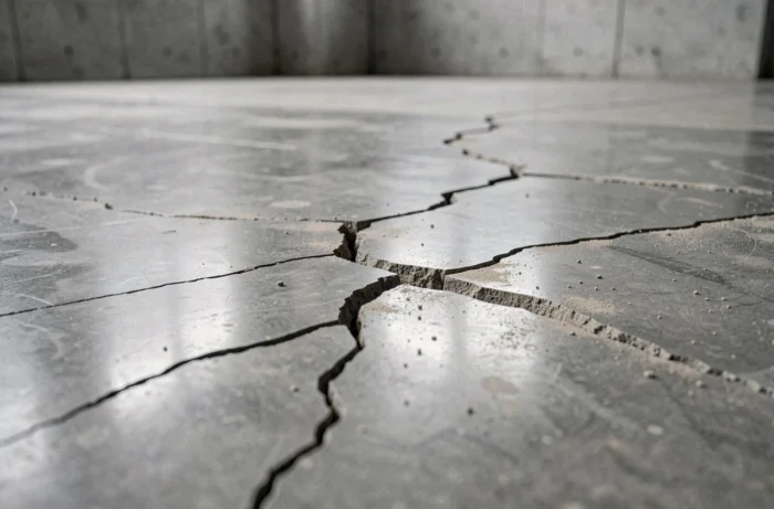 Fissures et micro-craquelures sur un sol en béton quartzé, illustrant les inconvénients de ce matériau
