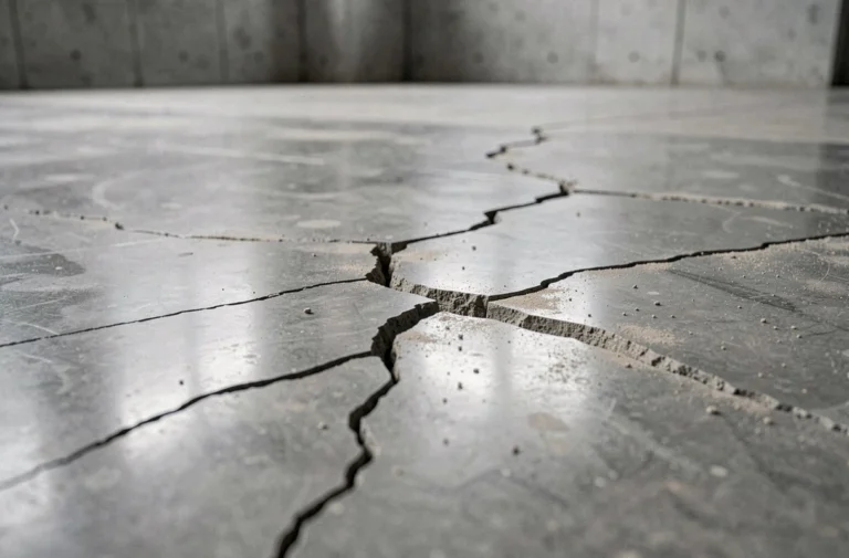 Fissures et micro-craquelures sur un sol en béton quartzé, illustrant les inconvénients de ce matériau