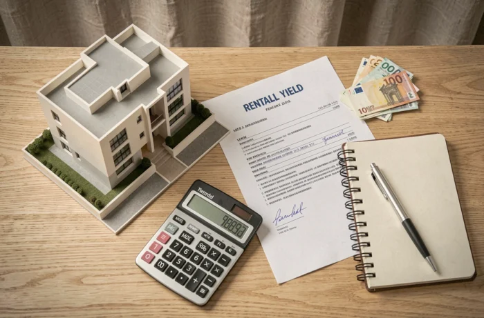 Vue de dessus d'objets symbolisant l'investissement immobilier locatif : maquette, bail, calculatrice et billets d'euros