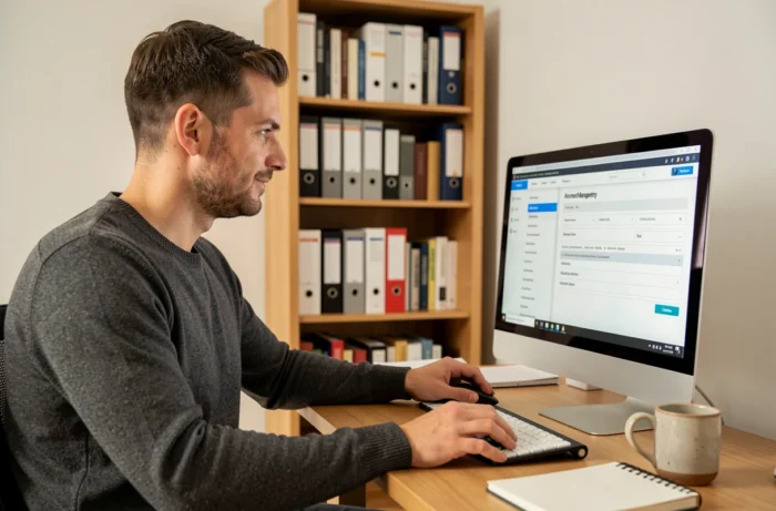 Homme gérant son compte en ligne depuis un bureau à domicile sur un ordinateur de bureau