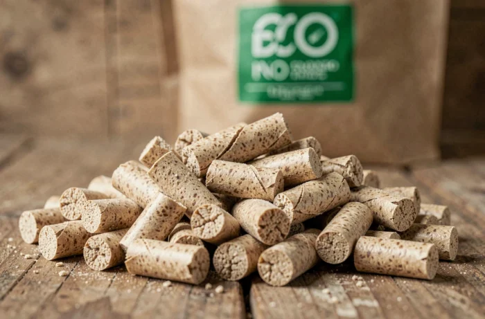 Gros plan sur des granulés de bois en vrac sur une surface en bois avec un sac de pellets écologique en arrière-plan
