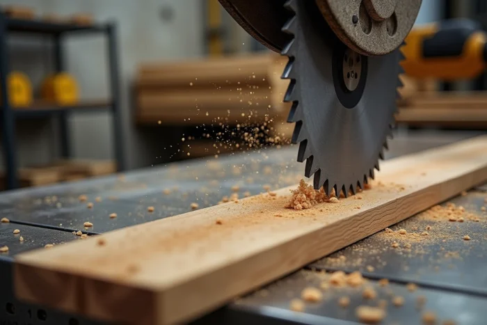 Gros plan d'une lame de scie radiale en action coupant une planche de chêne avec précision