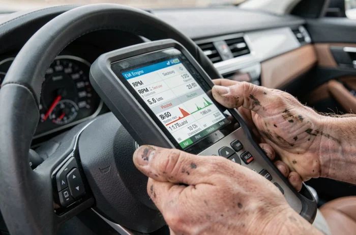Gros plan sur des mains de technicien tenant un outil de diagnostic automobile affichant les données moteur en temps réel dans l'habitacle d'un véhicule
