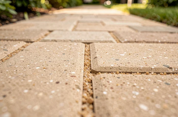 Gros plan sur des pavés béton beige et sable avec joints de sable fin, texture granuleuse détaillée d'une allée de jardin