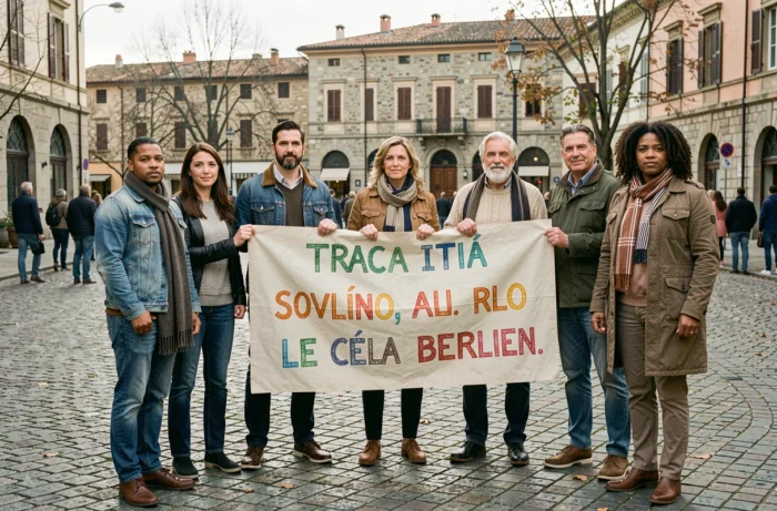 Groupe de personnes tenant une bannière antifasciste en italien et français sur une place publique européenne