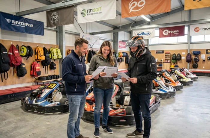 Gruppe von Erwachsenen, die ihre Rundenzeiten in einem Indoor-Karting-Zentrum in Belgien vergleichen