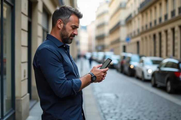 Homme debout devant un immeuble résidentiel consultant une application immobilière sur son smartphone