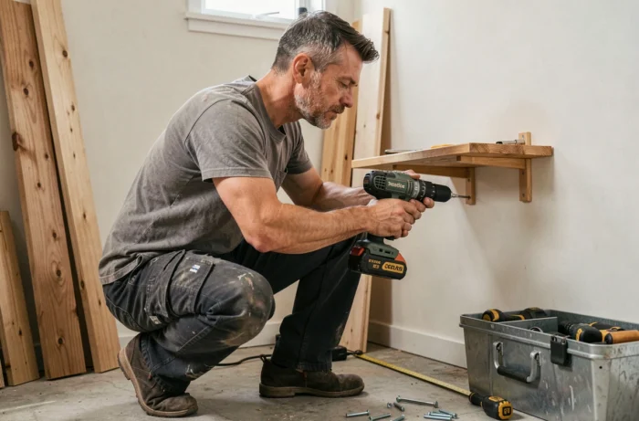 Homme bricoleur installant une étagère murale chez lui avec une perceuse sans fil, formation bricolage maison