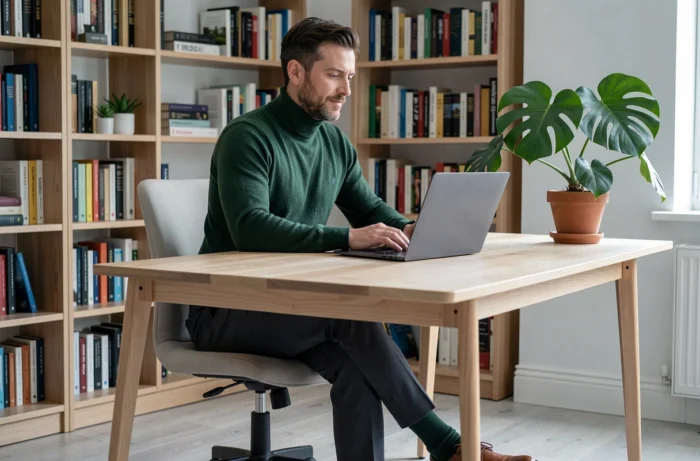 Homme élégant en col roulé vert travaillant dans un bureau scandinave minimaliste, tendance lifestyle masculin