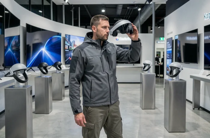 Homme en veste technique examinant un casque de réalité augmentée dans un showroom électronique moderne avec écrans OLED et sols en béton poli