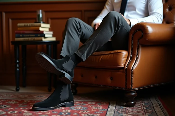Homme élégant en Chelsea boots suède noir dans un club anglais raffiné, portrait mode luxe masculin, chaussure haut de gamme