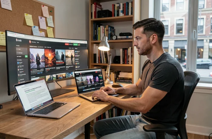 Homme comparant des plateformes de streaming alternatives sur un écran d'ordinateur dans un bureau à domicile