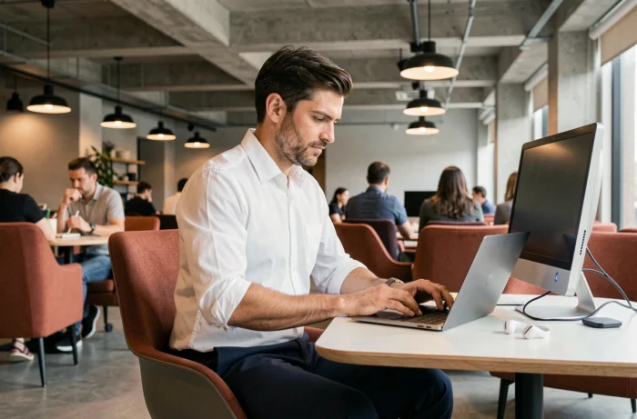 Homme en chemise blanche travaillant sur un laptop ultra-fin avec double écran portable dans un espace de co-working moderne au design industriel