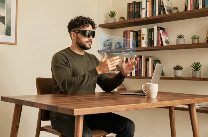Homme portant des lunettes de réalité augmentée dans un bureau à domicile moderne et minimaliste