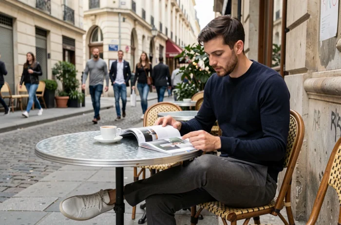 Homme tendance lisant un magazine lifestyle en terrasse de café parisien ambiance urbaine