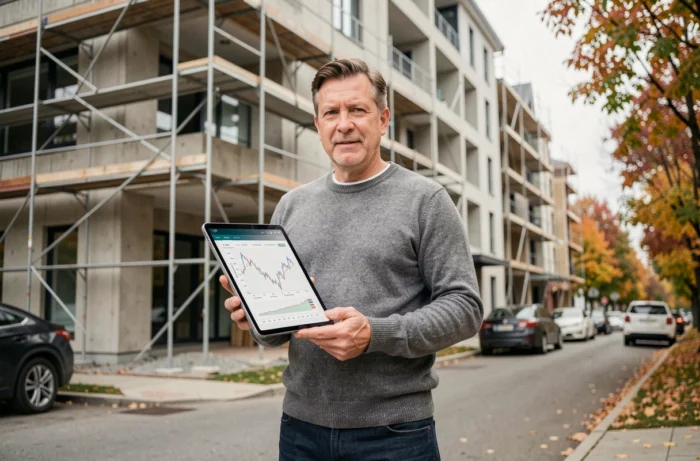 Homme consultant les tendances du marché immobilier et des taux de crédit devant un immeuble neuf