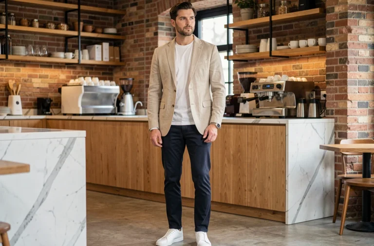 Homme moderne en blazer beige dans un café urbain tendance, style lifestyle masculin contemporain
