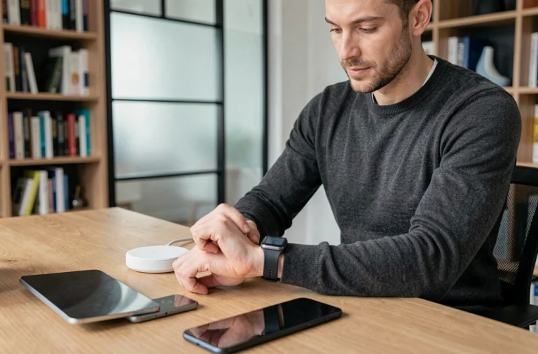 Homme en pull gris interagissant avec une montre connectée et un smartphone pliable sur un bureau minimaliste en bois dans un bureau à domicile moderne