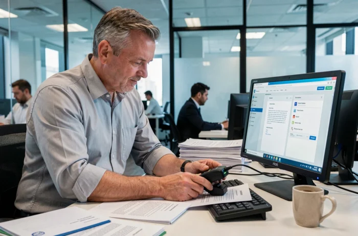 Homme numérisant des documents officiels pour les sécuriser dans un coffre-fort en ligne de type Arkevia