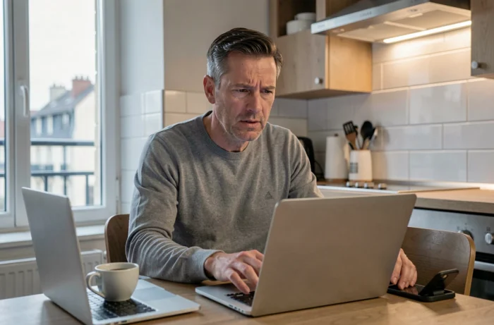 Homme utilisant un ordinateur portable et un smartphone pour contacter le service client d'un organisme de crédit immobilier