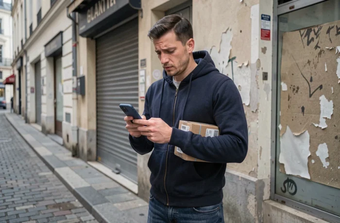 Un homme consultant son téléphone devant un point relais Vinted fermé, cherchant une solution alternative pour son colis