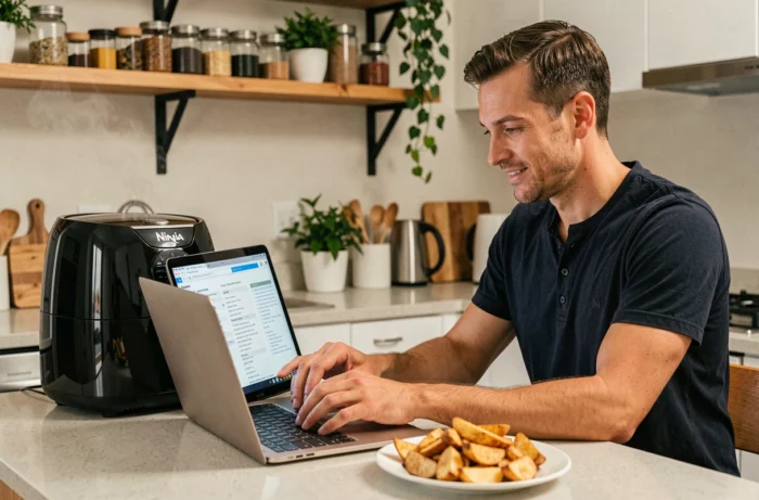 Homme consultant un livre de recettes PDF Ninja Foodi sur ordinateur portable avec des frites dorées dans une cuisine contemporaine