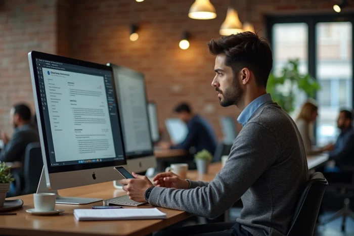 Homme consultant des offres d'emploi sur un grand écran dans un espace de coworking moderne en 2024