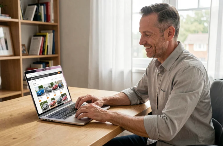 Homme consultant un site de voitures d'occasion sur un ordinateur portable dans un bureau à domicile