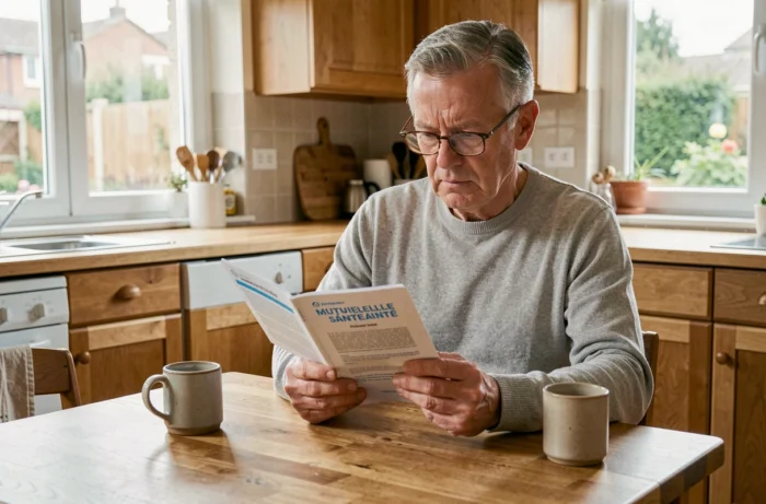 Homme senior lisant attentivement sa brochure de mutuelle santé à domicile