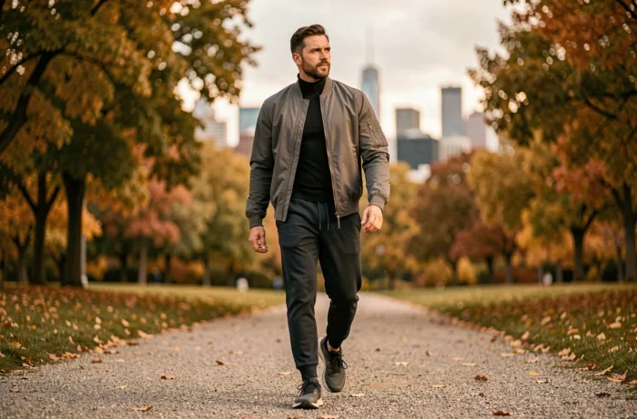 Homme sportif en veste bomber grise marchant dans un parc urbain en automne, style lifestyle masculin moderne