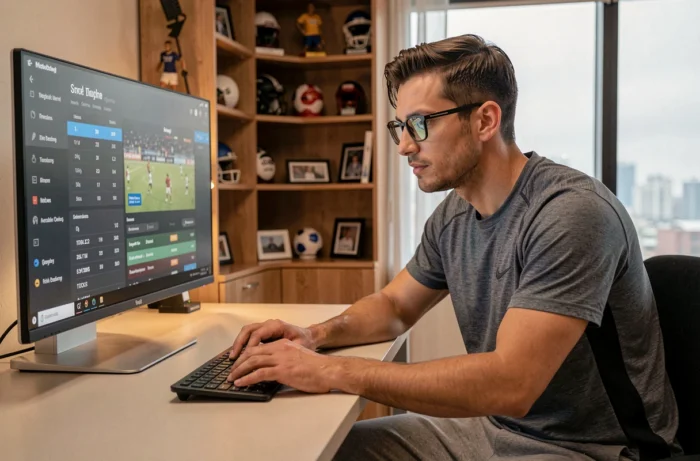 Homme consultant des statistiques sportives en ligne sur un grand écran dans un bureau moderne