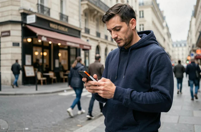 Homme vérifiant sa consommation data Orange en temps réel dans une rue parisienne