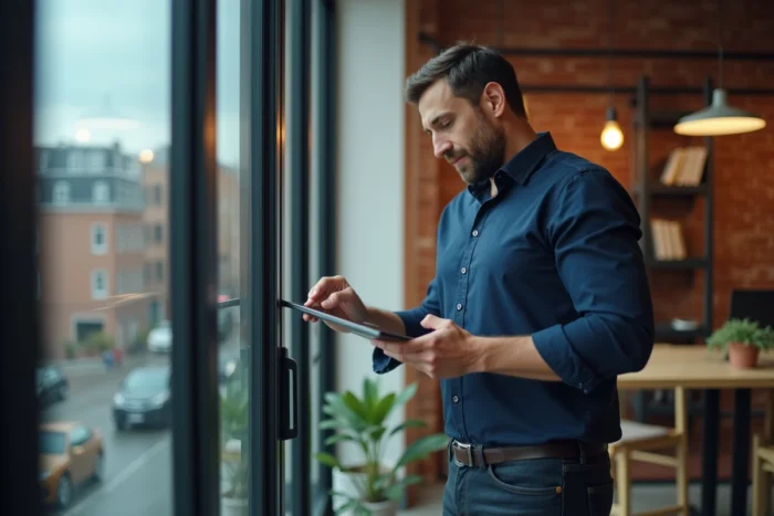 Homme consultant le plan de navigation d'un site web sur tablette dans un espace de coworking moderne