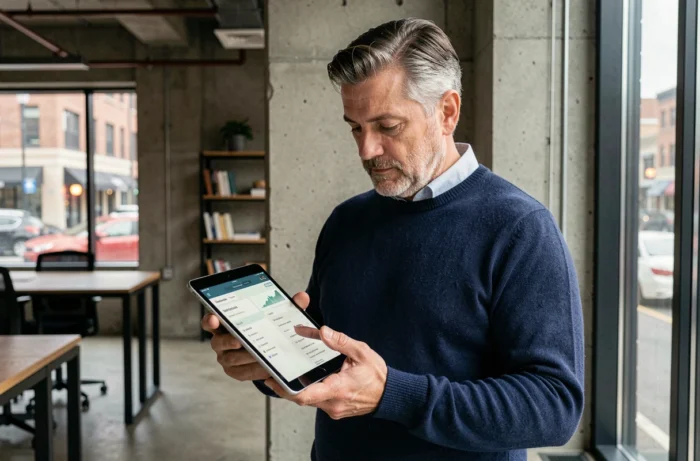 Homme consultant le plan de navigation d'un site web sur une tablette dans un bureau moderne