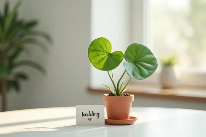 Hoya kerrii avec sa feuille en forme de cœur dans un petit pot en terre cuite, posé sur une surface blanche avec une carte de mariage