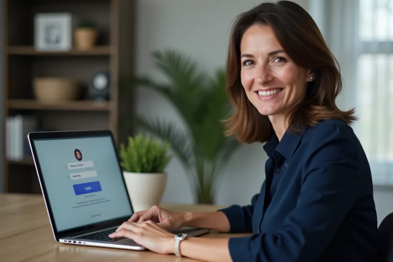 Femme s'identifiant sur un portail en ligne sécurisé depuis son bureau à domicile