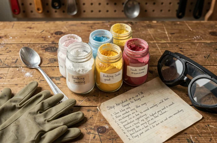 Vue aérienne d'un atelier DIY avec bocaux de bicarbonate, colorants en poudre, gants de protection et fiche recette pour fumigène artisanal