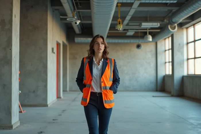 Responsable immobilière effectuant une inspection de sécurité dans un local commercial en cours de rénovation