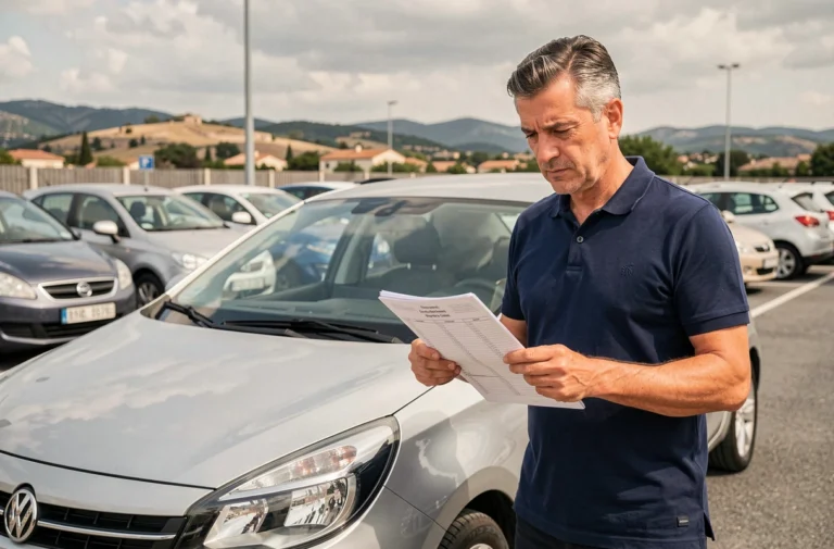 Homme inspectant une voiture d'occasion dans un lot de vente automobile près de Rognac