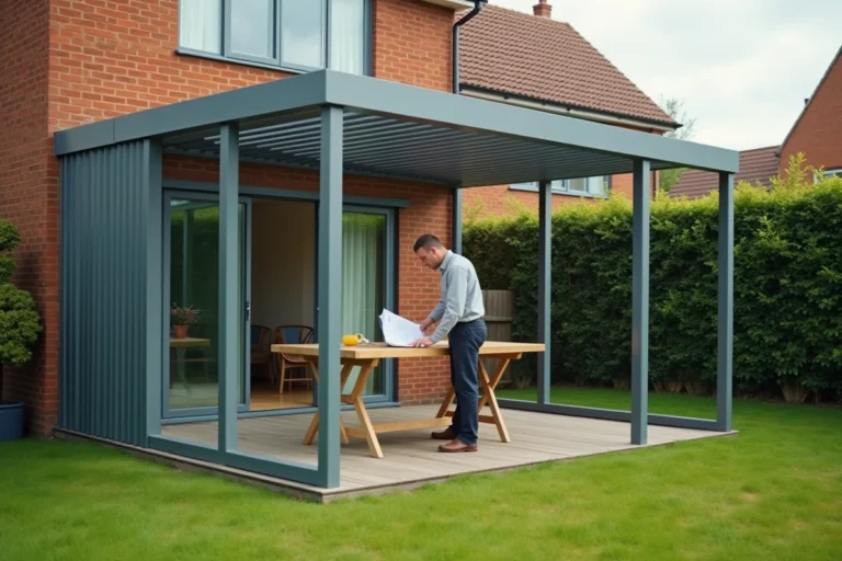 Homme assemblant les panneaux d'une véranda en kit dans un jardin pavillonnaire avec manuel d'instructions