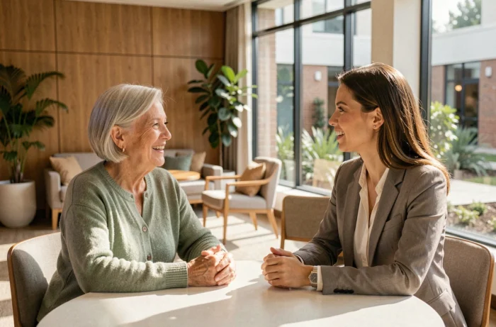 Résidente senior souriante en conversation avec une conseillère dans le salon d'une résidence senior moderne et lumineuse