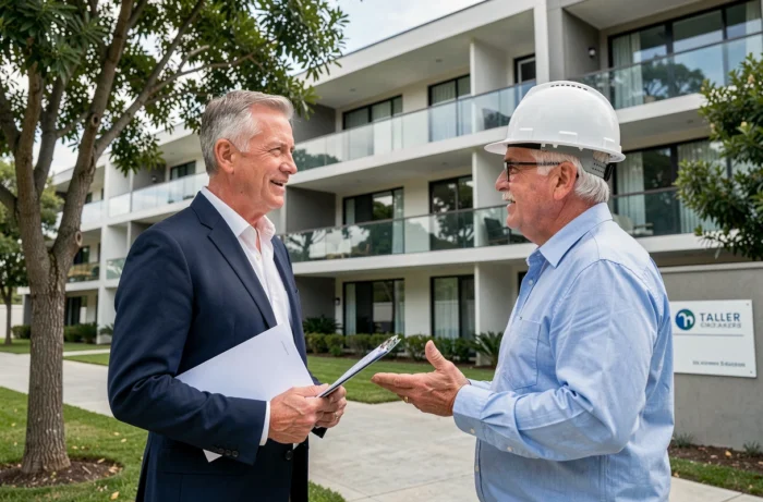 Investisseur immobilier en discussion avec un architecte devant une résidence senior en cours de livraison