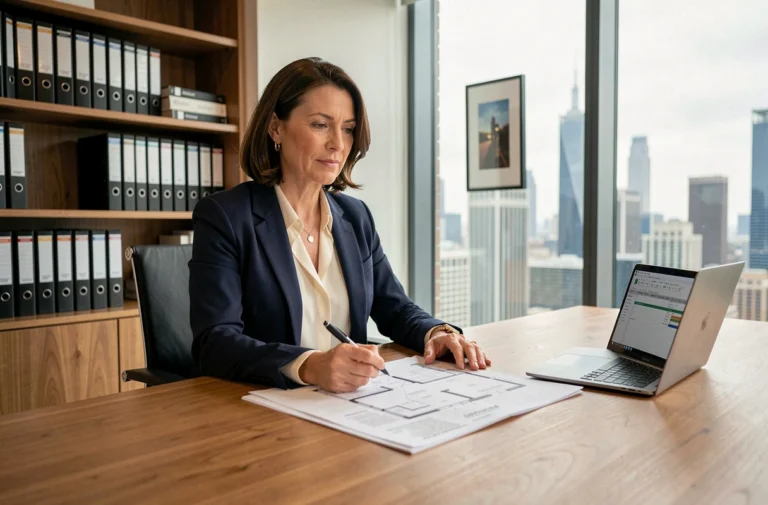 Investisseuse immobilière analysant des plans et documents financiers dans un bureau moderne