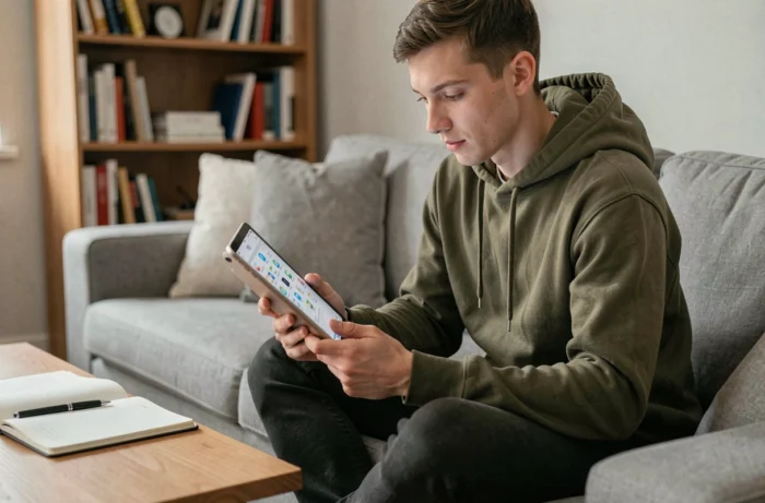 Jeune adulte accédant à son coffre-fort numérique sécurisé via tablette depuis son salon