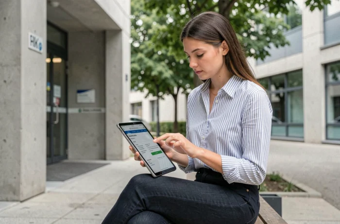 Jeune femme comparant des offres de mutuelle santé sur tablette devant un centre médical